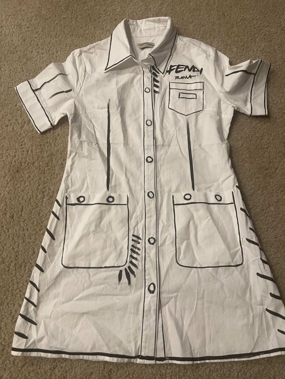 White Button-Front Dress with Black Sketch Detailing